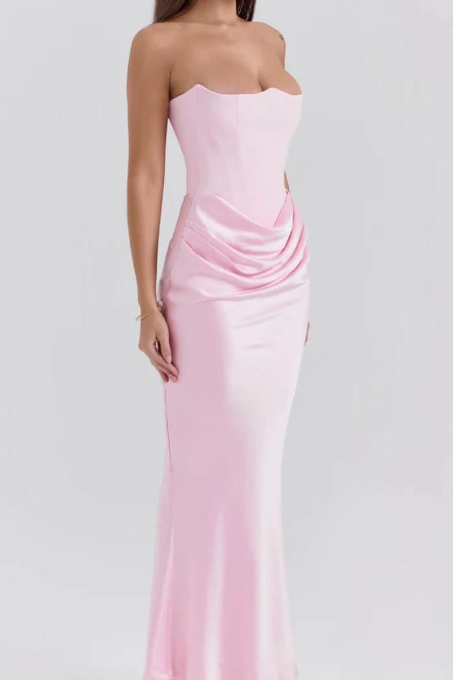 Pink Strapless Mermaid Prom Dress With Pleated Long Gown