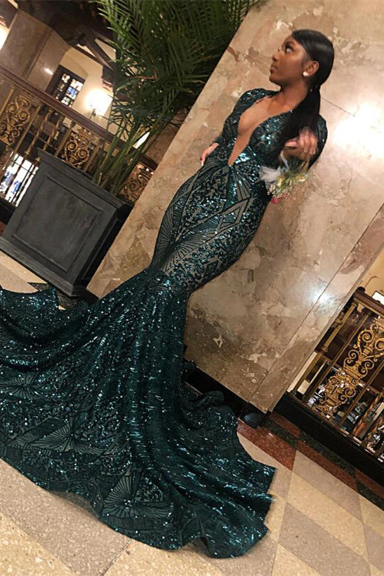 Abito da sera smeraldo con scollo a V, maniche lunghe, paillettes e pizzo, modello sirena