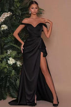 Off Shoulder Black Satin Mermaid Evening Dress With Side Slit And Ruffles
