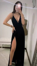 Vestido de cerimónia preto sexy com alças finas e decote em V, modelo Y712