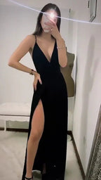 Vestido de cerimónia preto sexy com alças finas e decote em V, modelo Y712