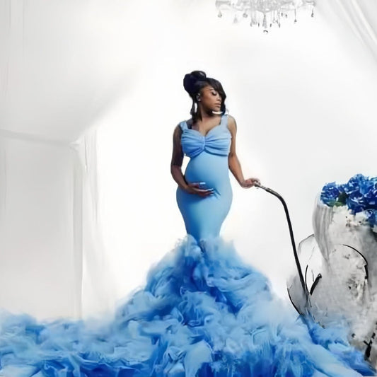 6128#New soft net waist fishtail elastic swing pregnant women's big belly photo dress