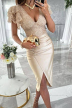 Vestido midi de ensueño con mangas fruncidas y volantes de patchwork de satén y encaje de lujo 