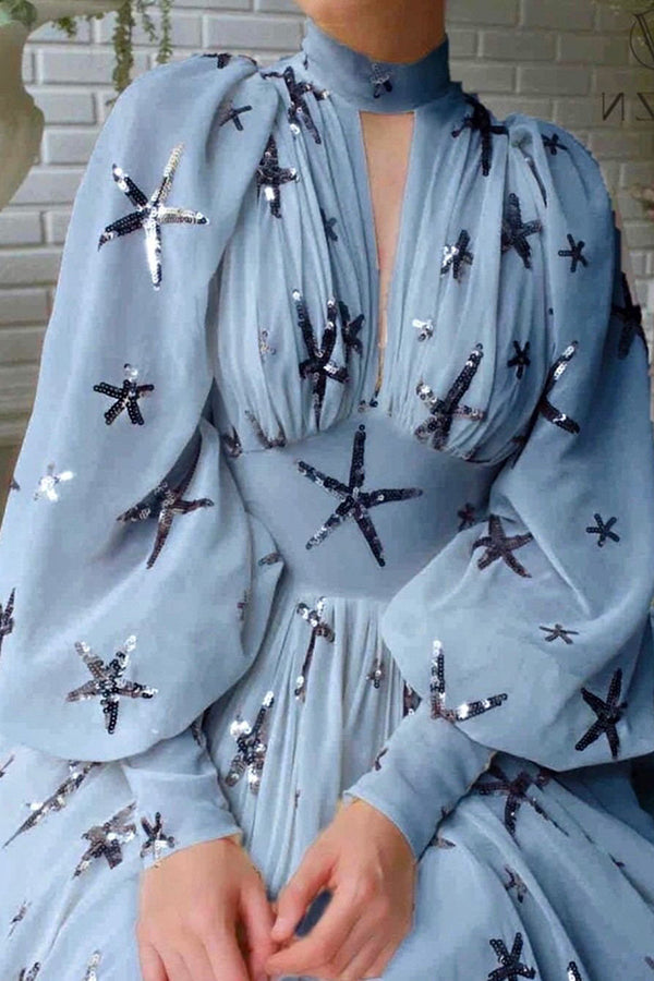 Vestido largo de fiesta de gasa con mangas farol y lentejuelas de estrellas para noche 