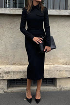 Classic Temperament Turn Down Collar Long Sleeve Formal Midi Dress