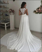 Modern Long Slit A-Line V-Neck Wedding Dress With Chiffon Lace