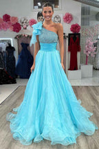 Sparkly Sky Blue One Shoulder A Line Prom Dress With Beaded Ruching
