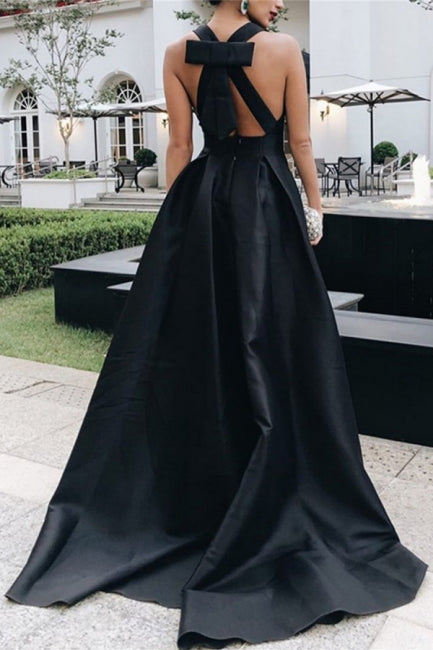Abito da cerimonia nero a linea ad A senza maniche con scollo a V, elegante e affascinante, con fiocco