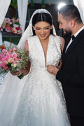 Abito da sposa a linea ad A, incantevole, senza maniche, con scollo a V, in tulle lungo fino a terra con applicazioni
