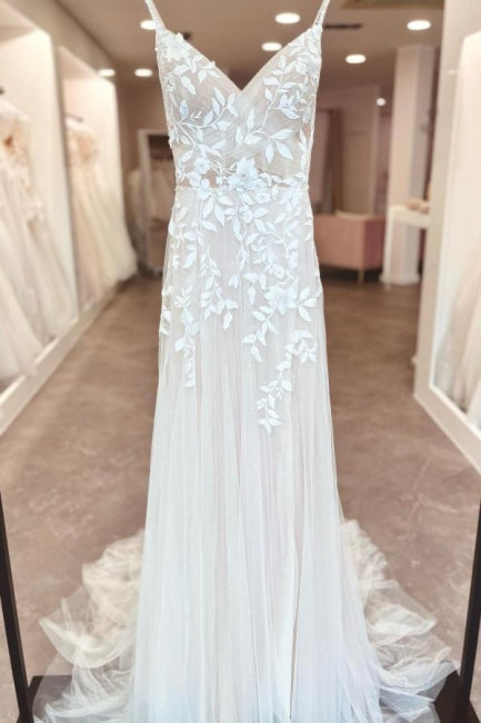 Abito da sposa a linea ad A, lungo fino al pavimento, senza maniche, con spalline sottili, scollo a V, spacco frontale e applicazioni