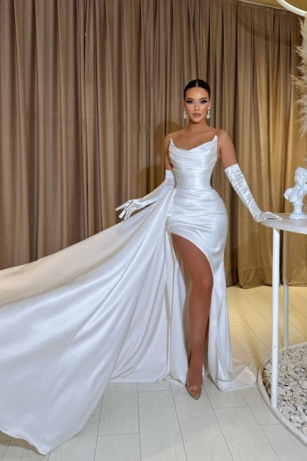 Vestidos de fiesta de charmeuse con abertura frontal, sin mangas, hasta el suelo, con volantes y corte en A