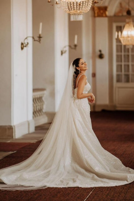 Vestido de novia de corte A, largo hasta el suelo, de tul teñido, escote corazón, tirantes finos y apliques