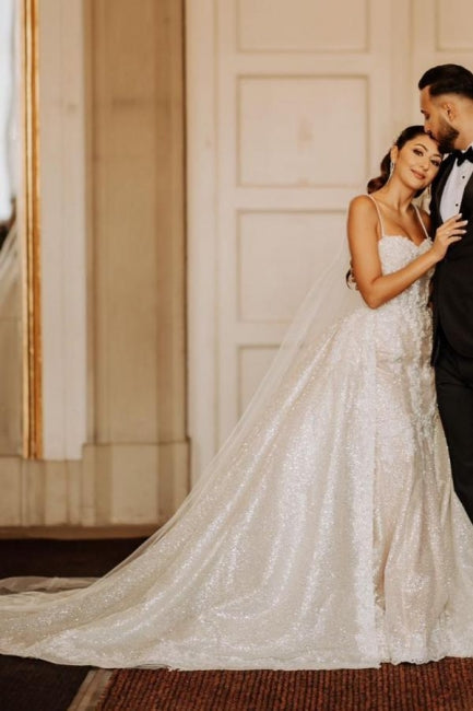 Vestido de novia de corte A, largo hasta el suelo, de tul teñido, escote corazón, tirantes finos y apliques