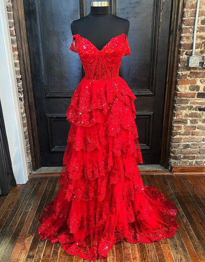 A Line Off the Shoulder Corset Prom Dress with Lace Ruffles