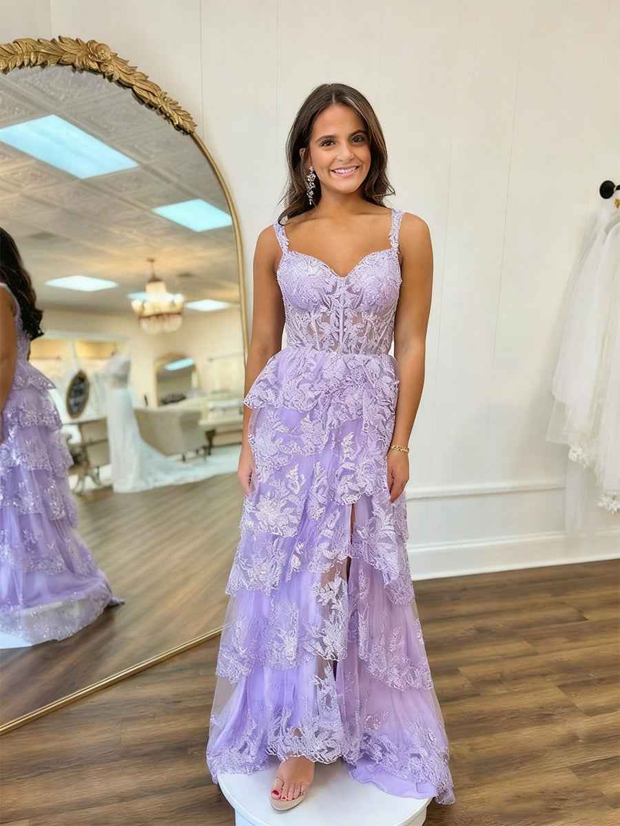 Lilac A Line Lace Prom Dress With Tiered Skirt And Slit