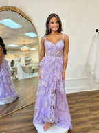Lilac A Line Lace Prom Dress With Tiered Skirt And Slit