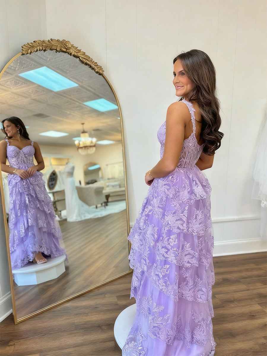 Lilac A Line Lace Prom Dress With Tiered Skirt And Slit