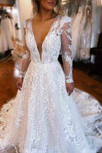 Abito da sposa lungo a linea A con maniche lunghe, scollo a V favoloso e gonna in tulle con applicazioni