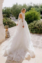 Abito da sposa a linea ad A, maniche lunghe, scollo quadrato, lunghezza fino a terra, in tulle con schiena scoperta e pizzo