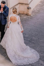 Abito da sposa a linea ad A, maniche lunghe, scollo quadrato, lunghezza fino a terra, in tulle con schiena scoperta e pizzo