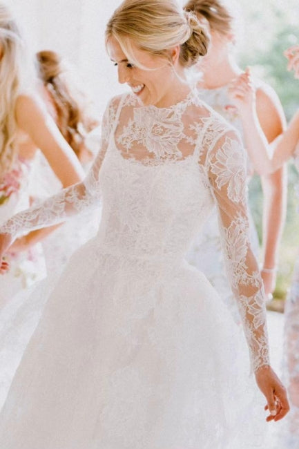 Abito da sposa a linea ad A, maniche lunghe, scollo quadrato, lunghezza fino a terra, in tulle con schiena scoperta e pizzo
