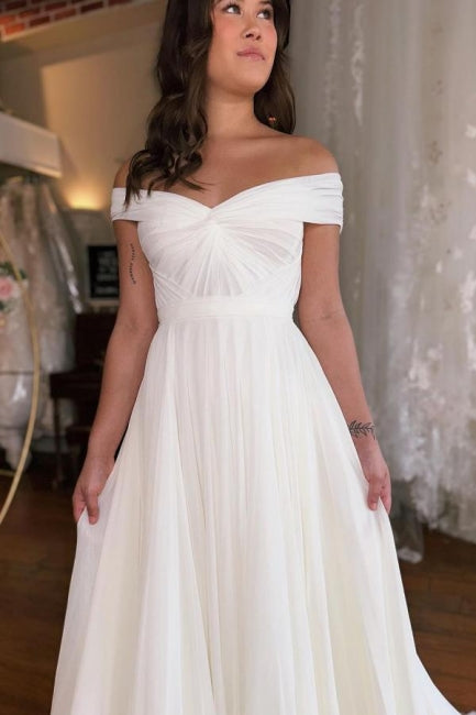 A-Line Off-The-Shoulder Floor-Length Short Sleeve Stain Wedding Dresses with Ruffles