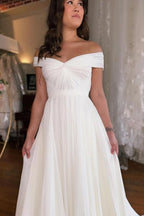 A-Line Off-The-Shoulder Floor-Length Short Sleeve Stain Wedding Dresses with Ruffles