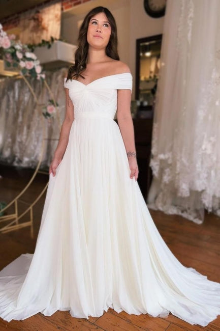 A-Line Off-The-Shoulder Floor-Length Short Sleeve Stain Wedding Dresses with Ruffles