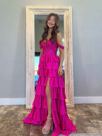 Hot Pink Off Shoulder Tiered Beaded Prom Ball Gown With Slit