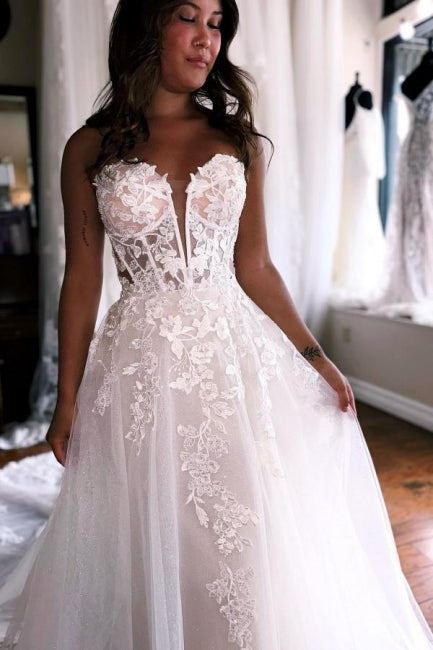 Abito da sposa senza maniche a linea ad A, lungo fino a terra, in tulle con scollo a cuore e applicazioni