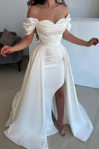 Vestido de novia con escote en forma de A, abertura frontal, hombros descubiertos, escote corazón y volantes