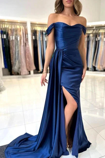Abito da sera a linea ad A, blu reale, scollo a cuore, spacco frontale, senza spalline e con volant