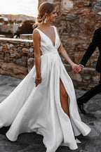Elegant Long A Line V Neck Split Front Sleeveless Wedding Dress With Ruffles