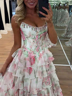 Turquoise Floral Print A Line Strapless Prom Dress With Tiered Ruffles