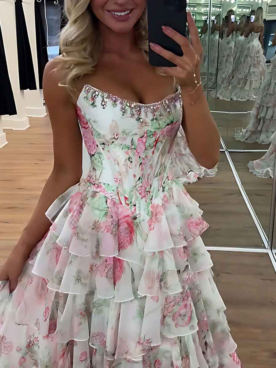 Turquoise Floral Print A Line Strapless Prom Dress With Tiered Ruffles