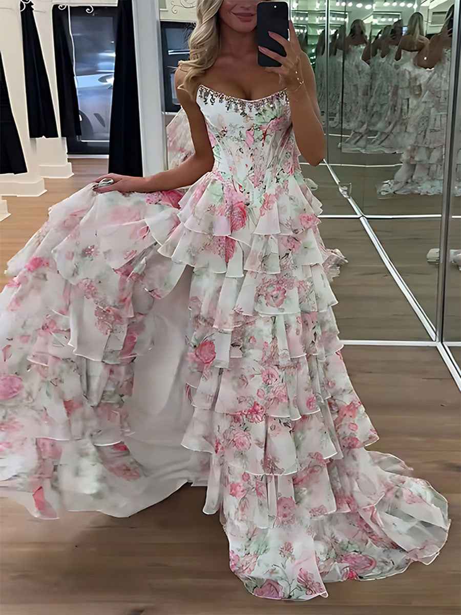 Turquoise Floral Print A Line Strapless Prom Dress With Tiered Ruffles