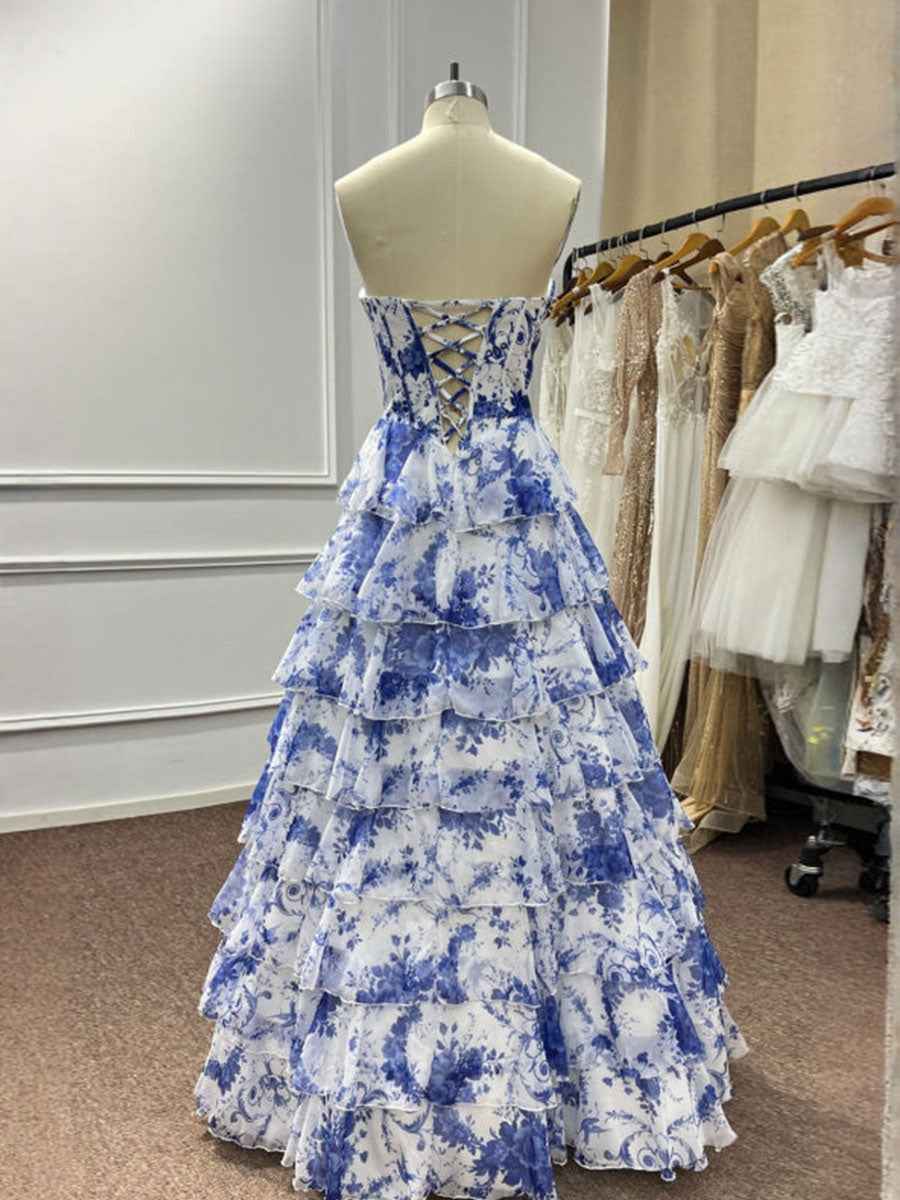 Pink Tiered Tulle Prom Ball Gown With Floral Print