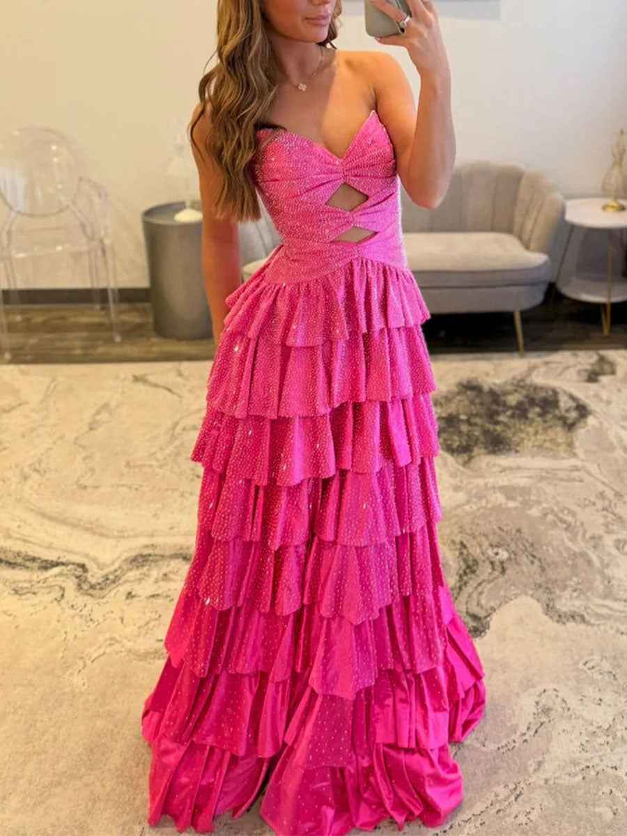 Pink Satin A Line Strapless Prom Dress With Sweetheart Neckline And Keyhole