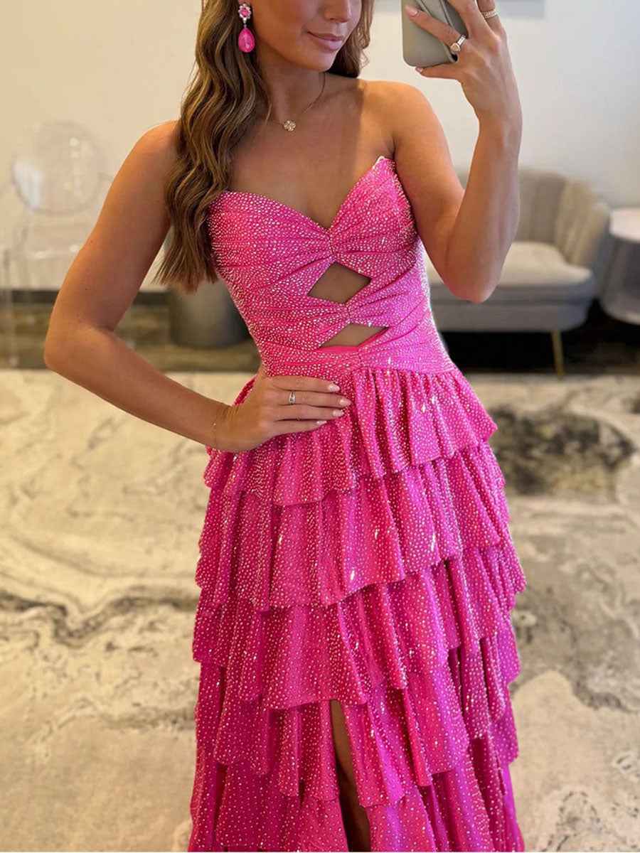 Pink Satin A Line Strapless Prom Dress With Sweetheart Neckline And Keyhole