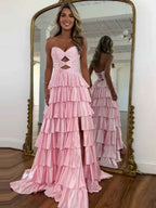 Pink Tiered A Line Strapless Sweetheart Satin Prom Dress With Keyhole