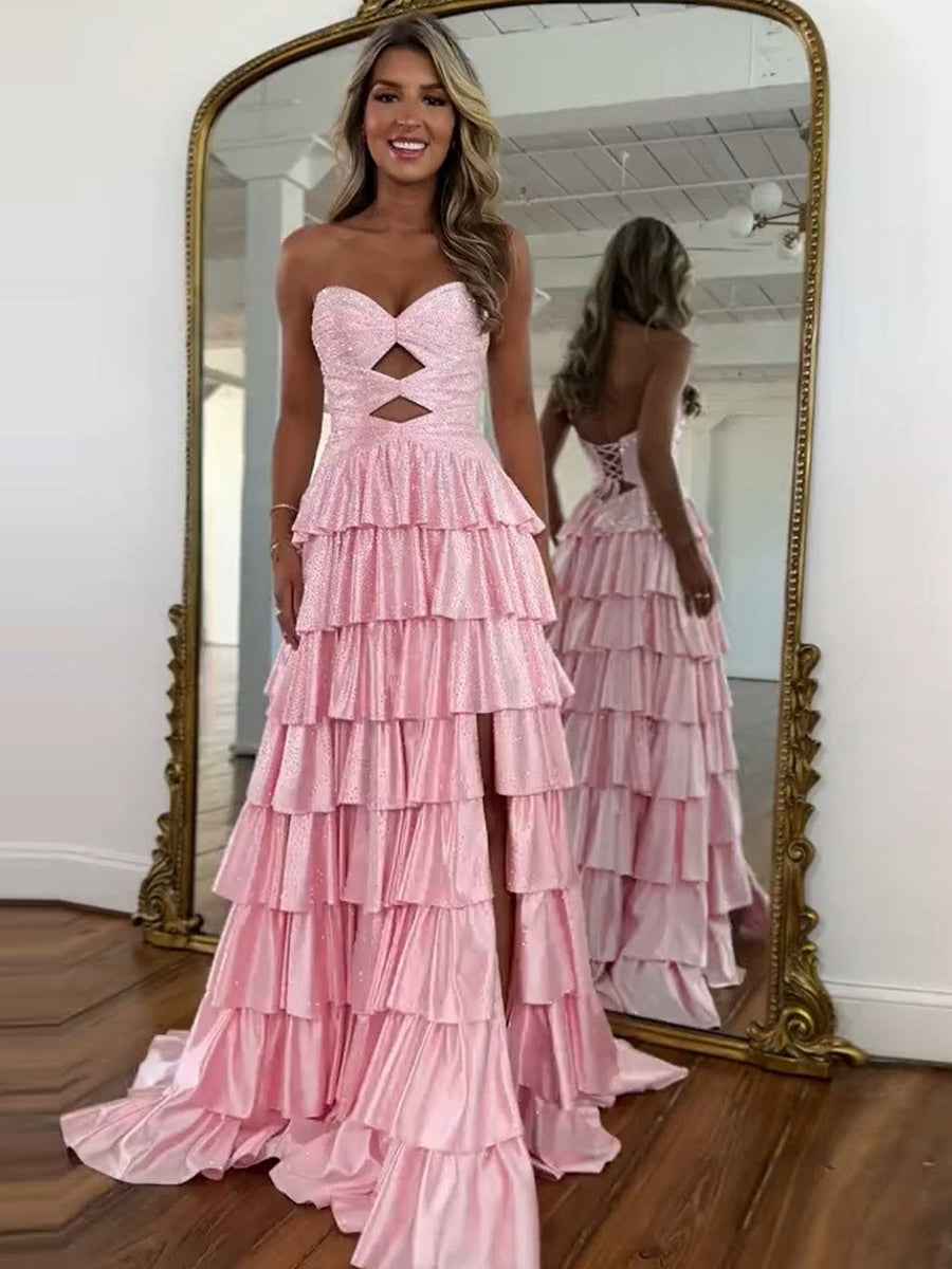 Pink Tiered A Line Strapless Sweetheart Satin Prom Dress With Keyhole
