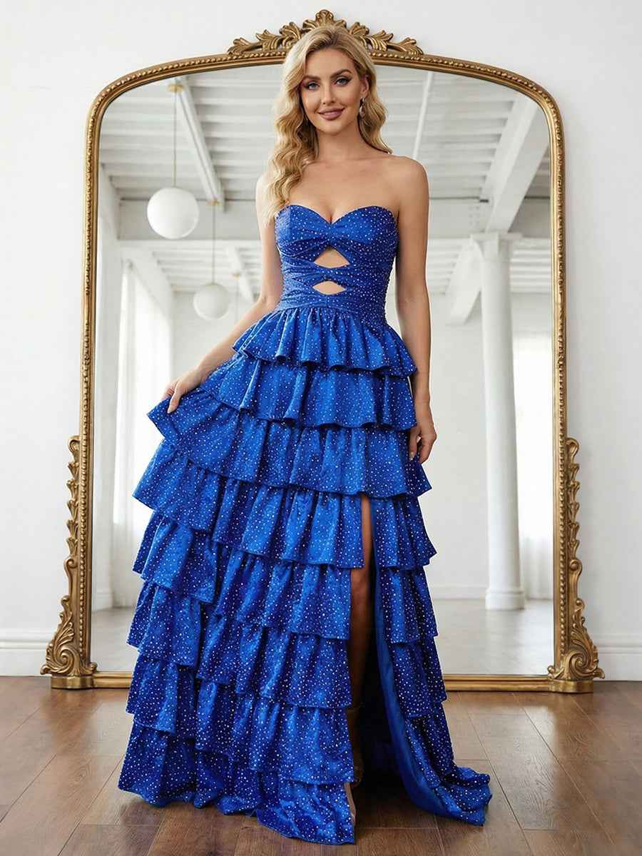 A Line Strapless Sweetheart Long Prom Dress With Keyhole And Pink Tiered Ruffles