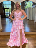 Pink Satin A Line Strapless Prom Dress With Sweetheart Neckline And Keyhole
