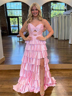 Pink Satin A Line Strapless Prom Dress With Sweetheart Neckline And Keyhole