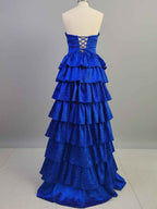 Pink Tiered A Line Strapless Sweetheart Satin Prom Dress With Keyhole
