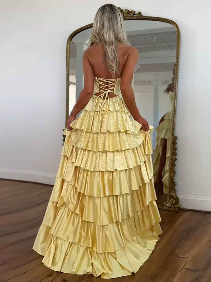 Pink Tiered A Line Strapless Sweetheart Satin Prom Dress With Keyhole