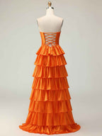 Pink Tiered A Line Strapless Sweetheart Satin Prom Dress With Keyhole