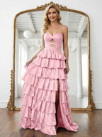 A Line Strapless Sweetheart Long Prom Dress With Keyhole And Pink Tiered Ruffles