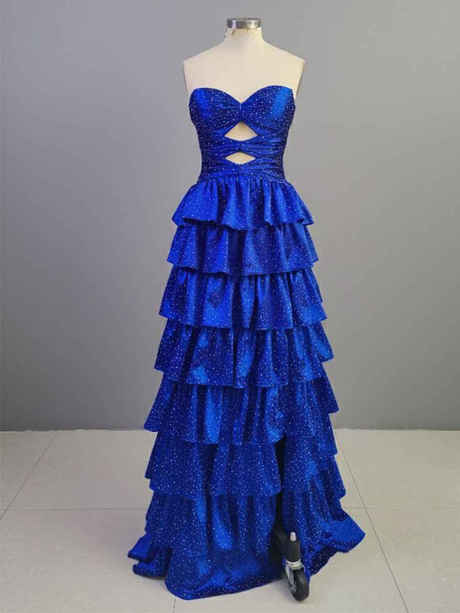 Pink Tiered A Line Strapless Sweetheart Satin Prom Dress With Keyhole