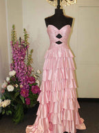 Pink Tiered A Line Strapless Sweetheart Satin Prom Dress With Keyhole